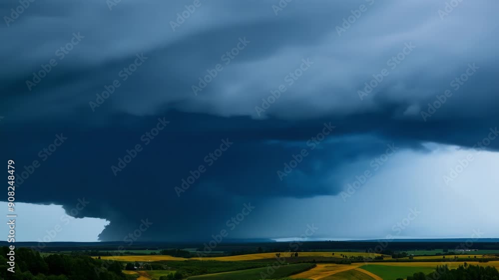 Poster the horizon appears to be split in two with a menacing storm front approaching from one side and cle