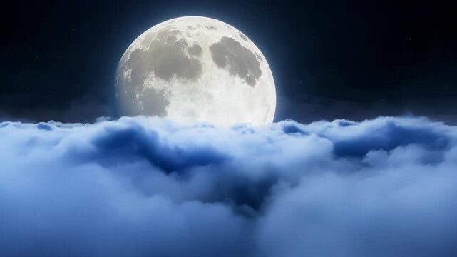 Navigating through layers of dense clouds a bright full moon guides the way.