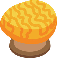 Round yellow mushroom with wavy lines is growing on a brown base