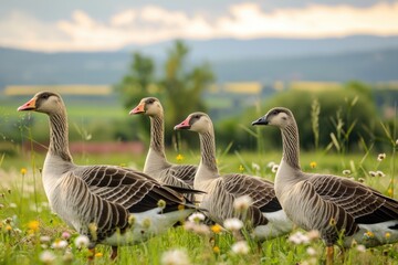 Obraz premium A group of ducks standing together in a lush green field