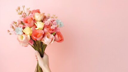 Flower bouquet in woman hand on pastel wall background. Top view.