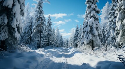 Winter landscape with snowy road in the forest. Panoramic view