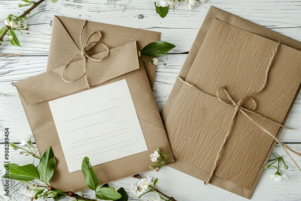 Aufkleber two brown envelopes tied with twine and a notepad