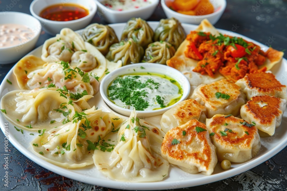 Poster a plate of variously filled dumplings served with dipping sauces and accompaniments