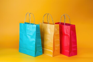 Three colorful shopping bags on a bright yellow background