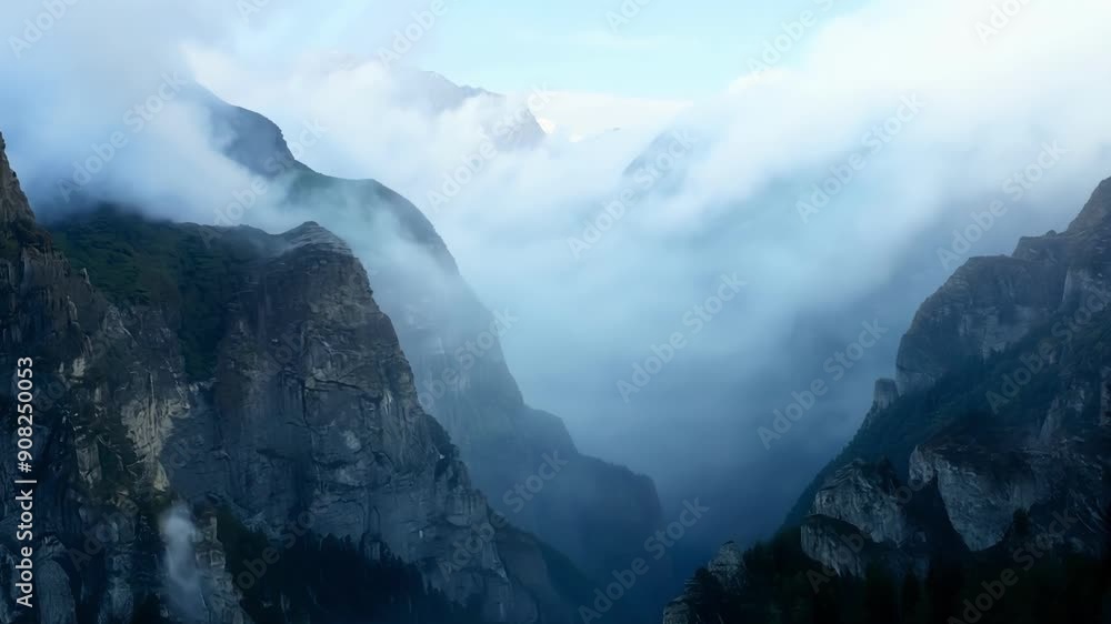 Poster wispy tendrils of mist swirling around the jagged cliffs creating a mystical atmosphere in the mount