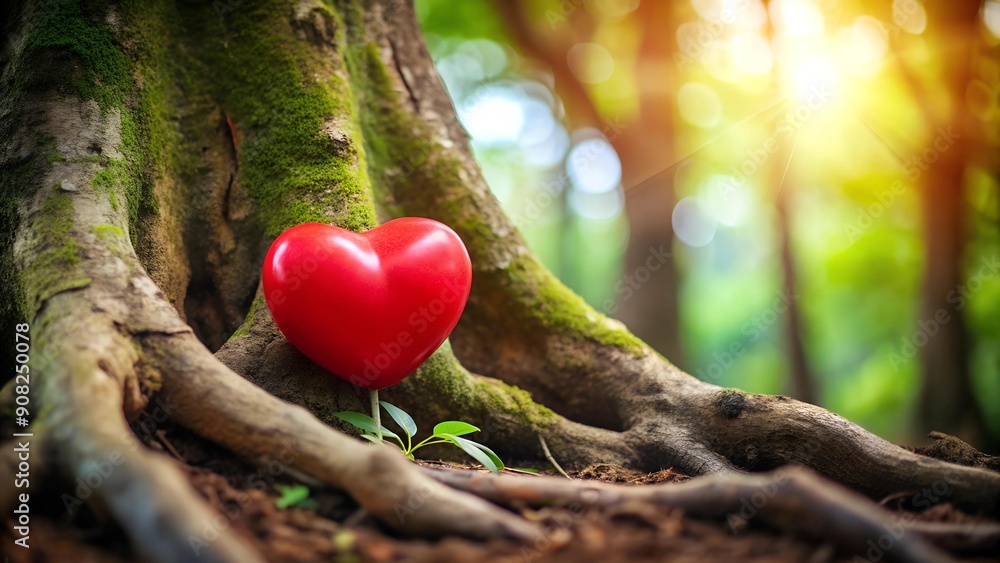Poster roots of love: a red heart emerging from the tree's roots generative ai