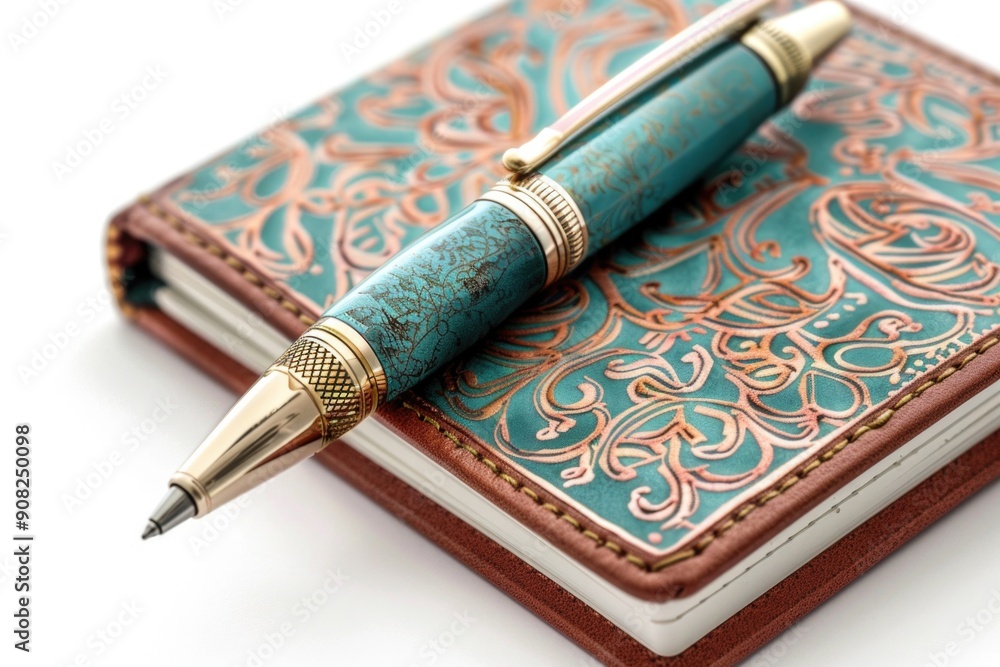 Poster a close-up shot of a fountain pen resting on top of a blank notebook page