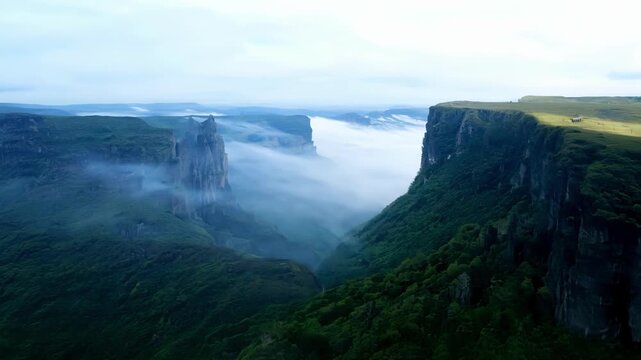 The everchanging landscape as the mist ebbs and flows revealing glimpses of the rugged cliffs and sprawling valleys.