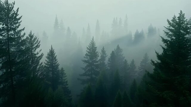 Misty tendrils of fog wafting through tall pine trees creating an eerie and dreamlike atmosphere.
