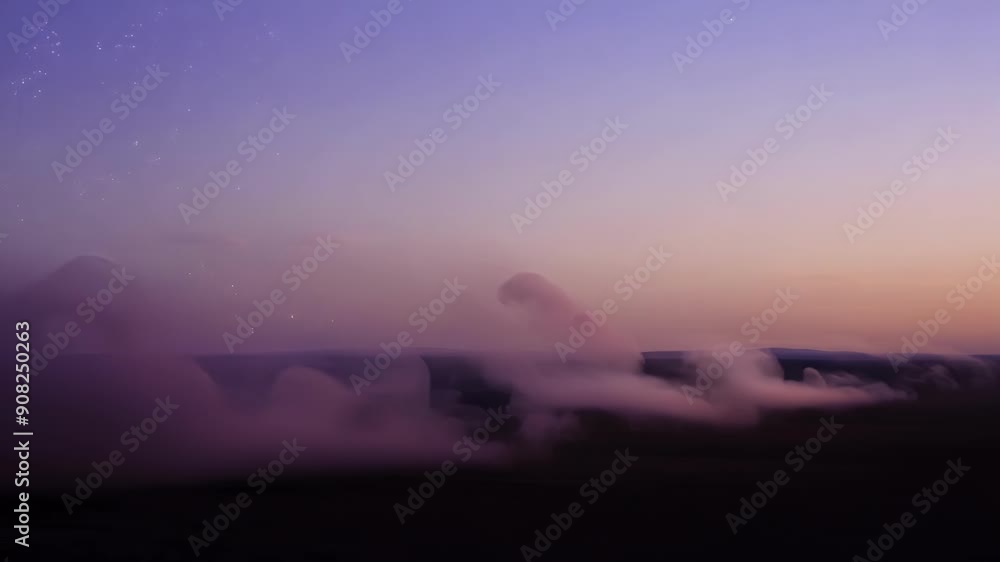 Poster a hauntingly beautiful scene of dust and smoke mixing with the twilight sky creating a surreal and d