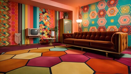 Retro 70s living room with bold colors and geometric patterns.