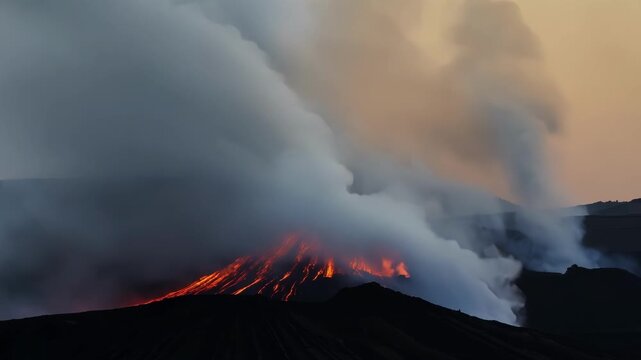 The air thick with acrid volcanic smoke making it difficult to breathe as molten ash spews from the fiery depths.