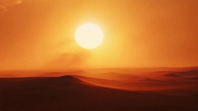 A fiery orange sun ly visible through the thick layer of dust and smoke casting an otherworldly glow over the desert landscape.