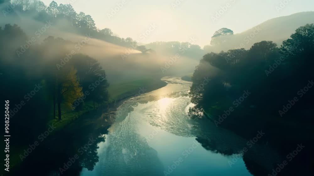 Poster a tranquil scene of a peaceful river with a soft mist creating an otherworldly ambiance.