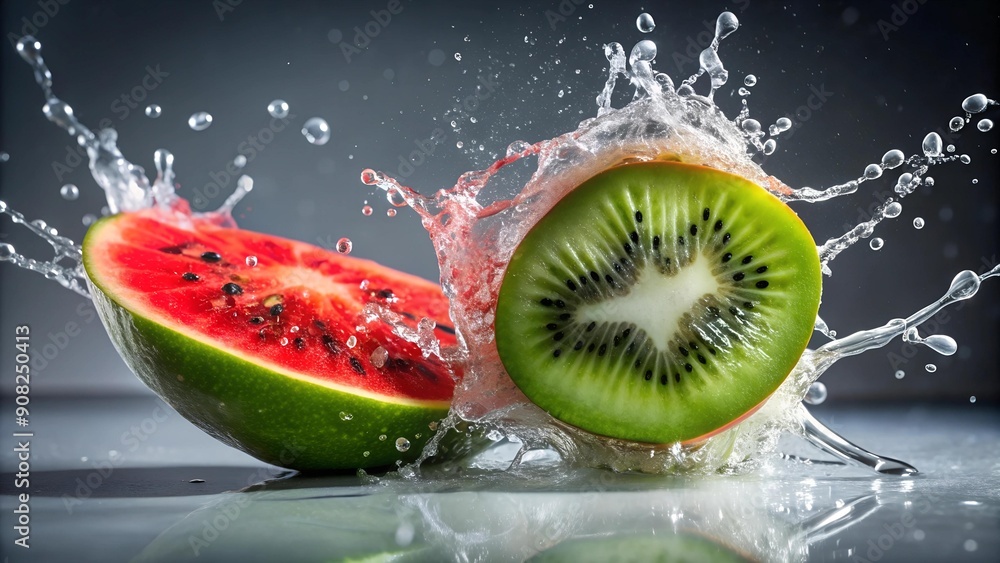 Poster a splash of red and green: a watermelon and kiwi collision generative ai
