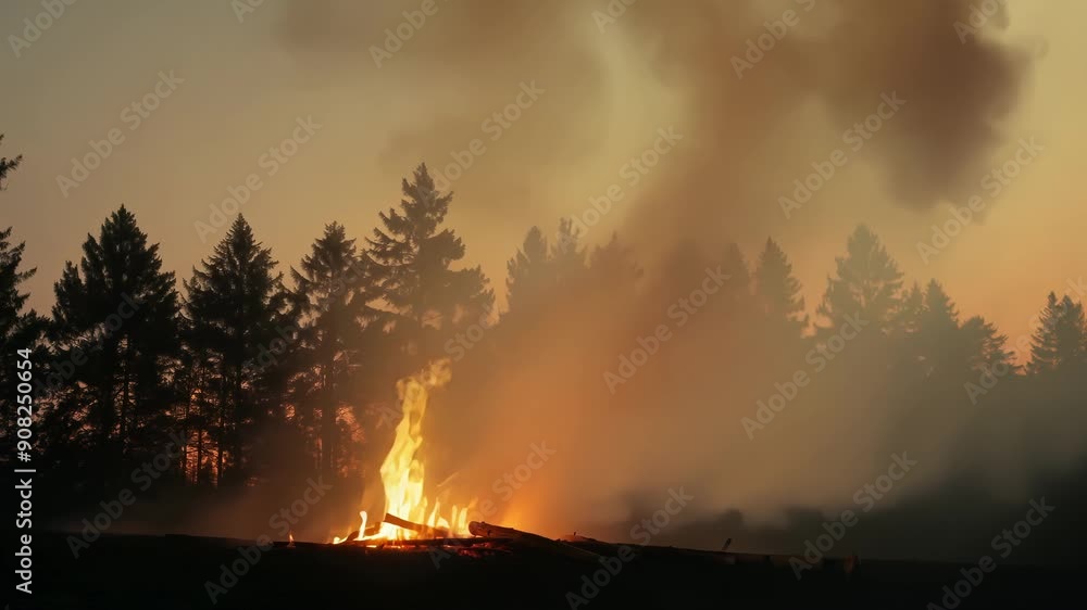 Poster a hazy mist of smoke hovering over the campfire casting a warm glow on the surrounding trees.