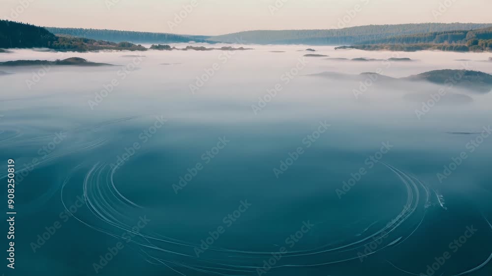 Poster a serene lake blanketed in a hazy fog with gentle ripples causing the mist to swirl and twist in bea