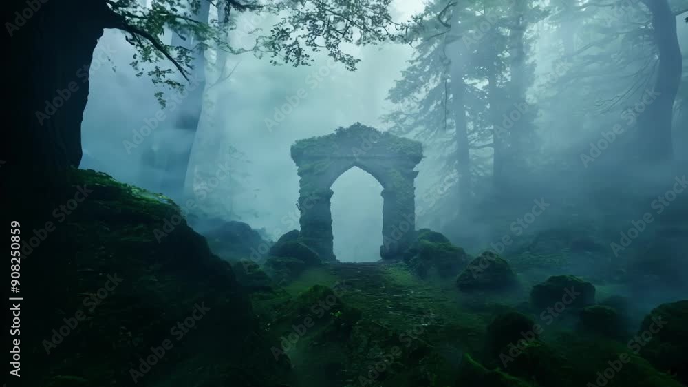 Poster amidst the enchanted forest a dense fog of mystical mist swirls concealing the secrets within.