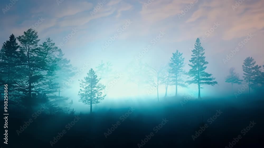 Poster trees disappearing into the thick glowing fog creating an otherworldly and mystical atmosphere.