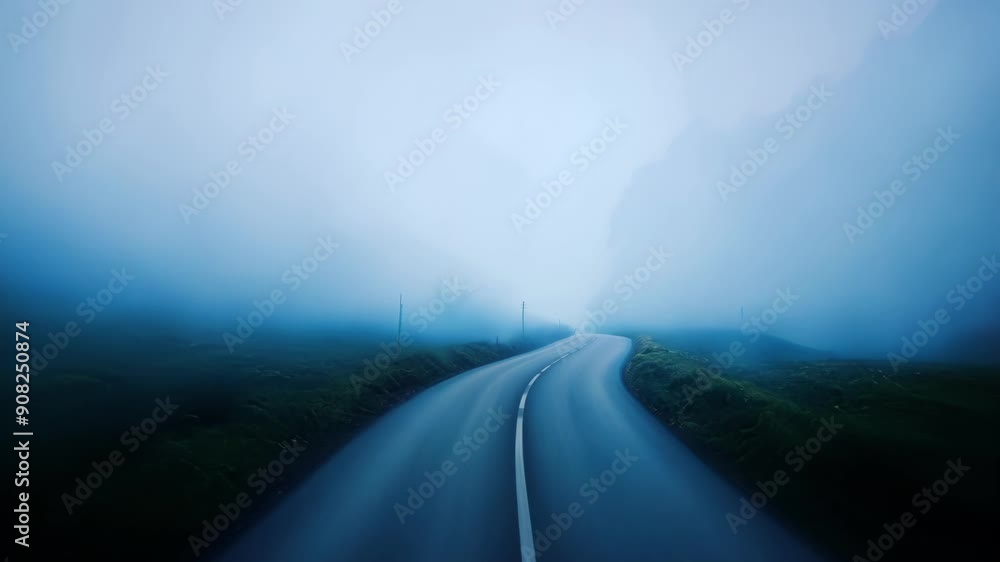 Poster a winding road disappearing into the thick and glowing fog creating an invitation to an unknown and 