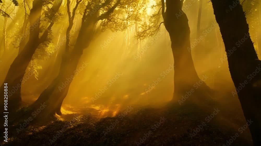 Poster a secluded forest enveloped in a fiery golden fog creating a mysterious and enchanting atmosphere.