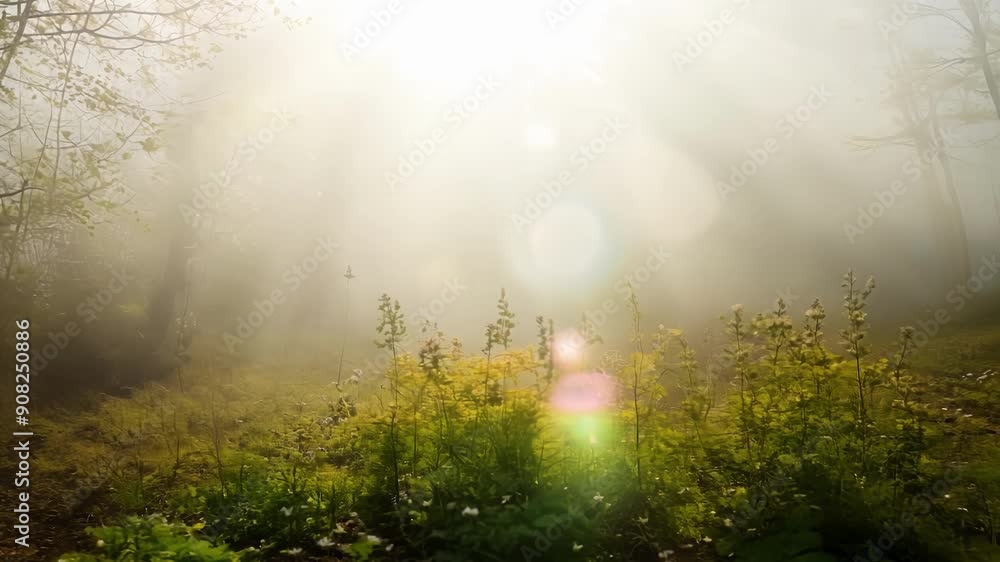 Poster the suns rays pierce through the soft fog creating an ethereal glow on the blossoming trees and newl
