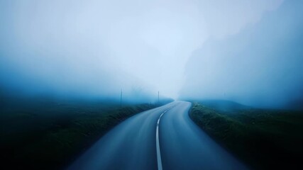 A winding road disappearing into the thick and glowing fog creating an invitation to an unknown and enchanting world.