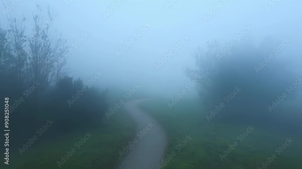 Poster the path is enveloped in a hazy fog creating an atmosphere of uncertainty and wonder.