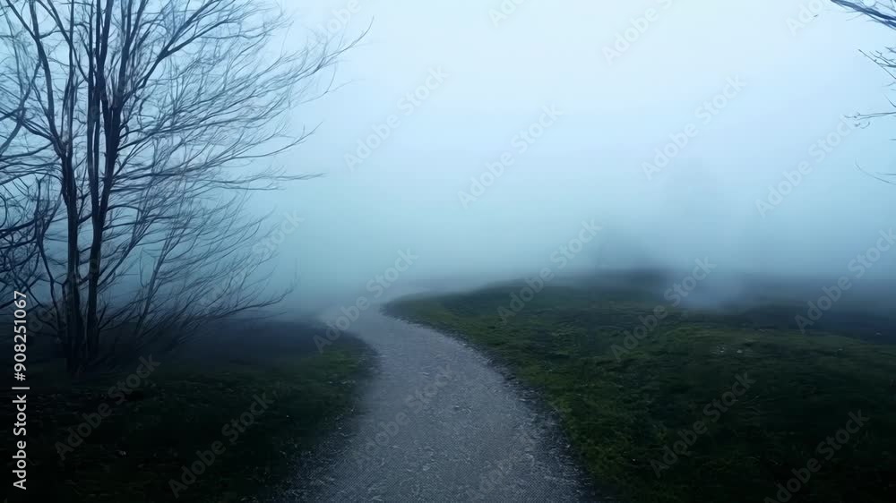 Poster the misty fog adds a touch of ethereal beauty to the path but also heightens its mysterious atmosphe