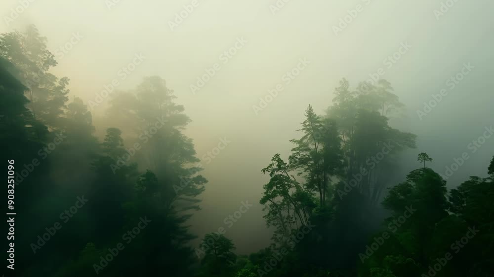 Poster a thick fog hovering above the dense canopy obscuring the view as one delves deeper into the heart o