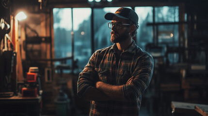 a male worker in his woodwork studio workshop, looking at the plan and schedule with artistic woodwork equipment, tools work bench table in background, cinematic artsy film style studio