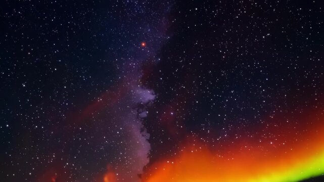 The stars seem to le even brighter as the Aurora Borealis illuminates the dark sky with its fiery streaks of orange and red.