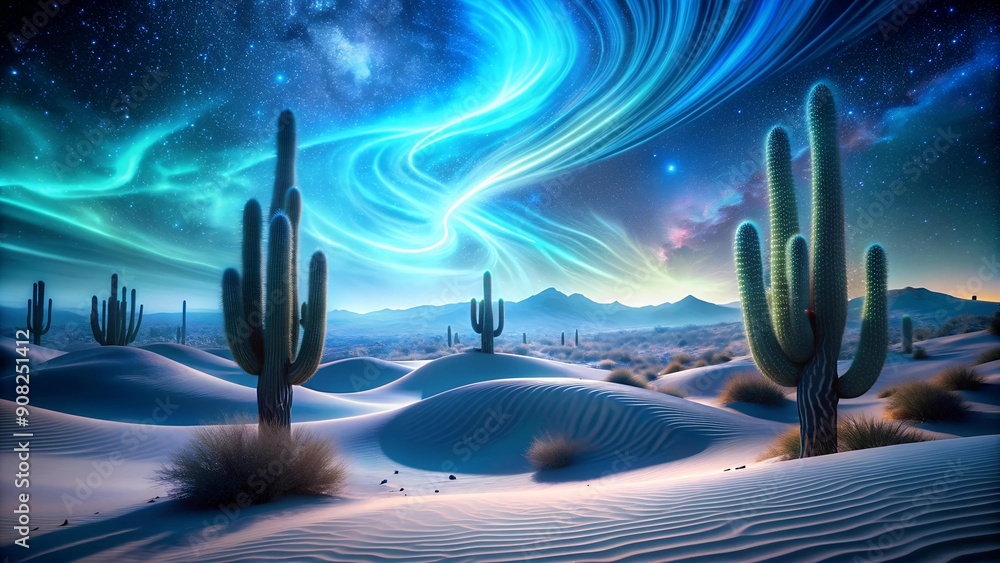 Wall mural celestial dance: glowing cacti and spiraling digital dunes generative ai