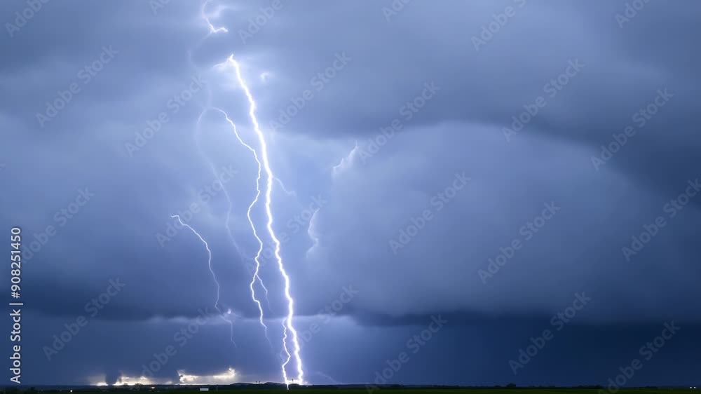 Poster a thunderstorm rages in the distance illuminating the clouds with bolts of lightning and flashes of 