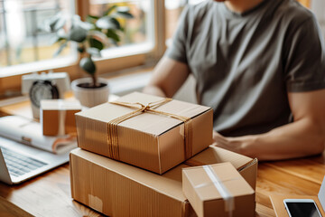 Male man employee working in an e-commerce or online marketing business, preparing packaging paper boxes for delivery, laptop on table. 