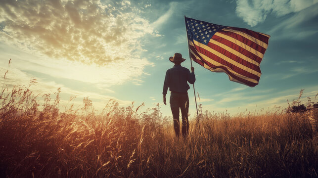 Man holding American flag on field in remote rural landscape. American flag in a rural field during sunset with golden light - Powered by Adobe