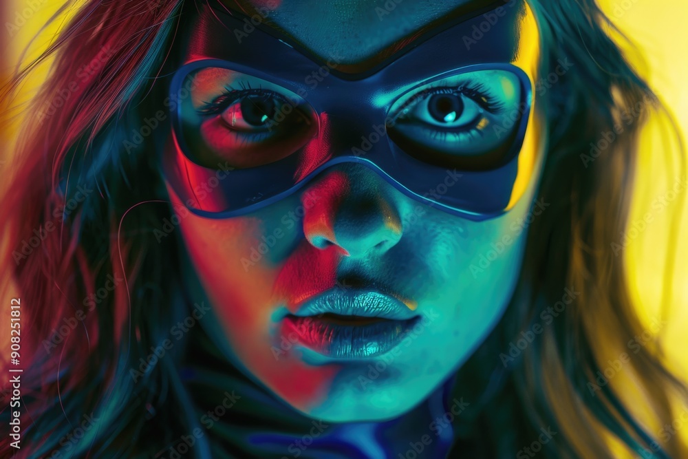 Poster a close-up shot of a person wearing a mask, ideal for use in scenes where anonymity is key