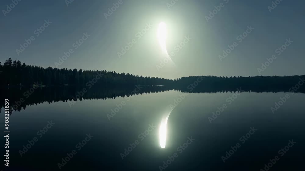 Poster the soft glow of moonrise reflecting off the calm waters of a lake creating a serene and otherworldl