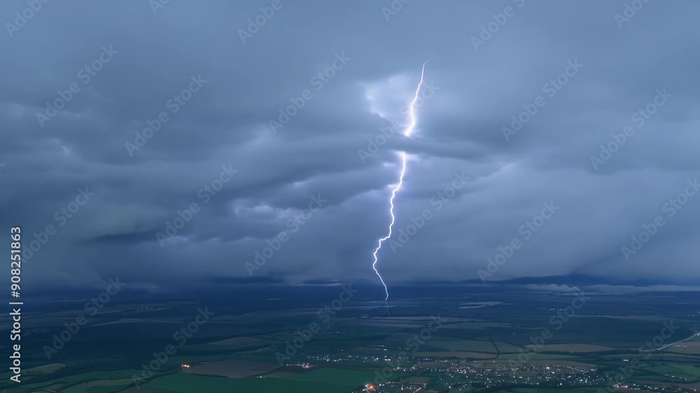 Poster from a birds eye view flashes of white lightning zigzag through a blanket of ominous gray clouds cre