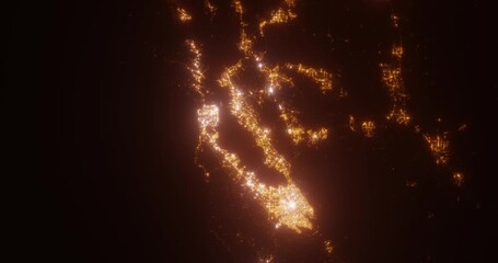 Bay Area (California, USA) aerial view at night. Top view on city from space. Camera is zooming in, rotating clockwise