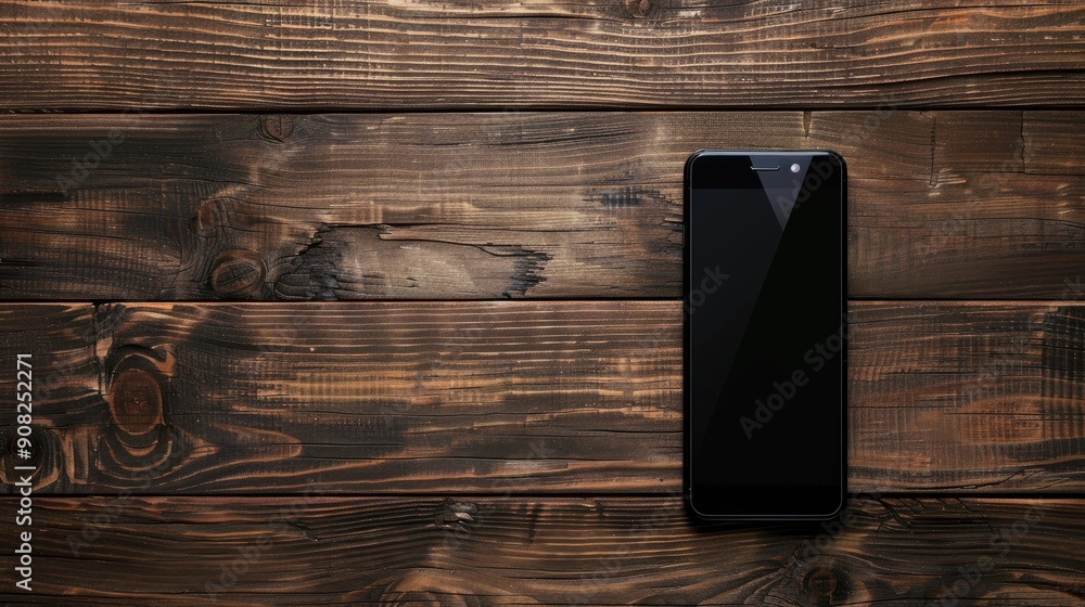Poster smartphone displayed on wooden table with space for text