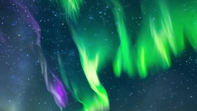 An enchanting scene of the Northern Lights twirling and weaving painting the frigid atmosphere with hues of green blue and purple.