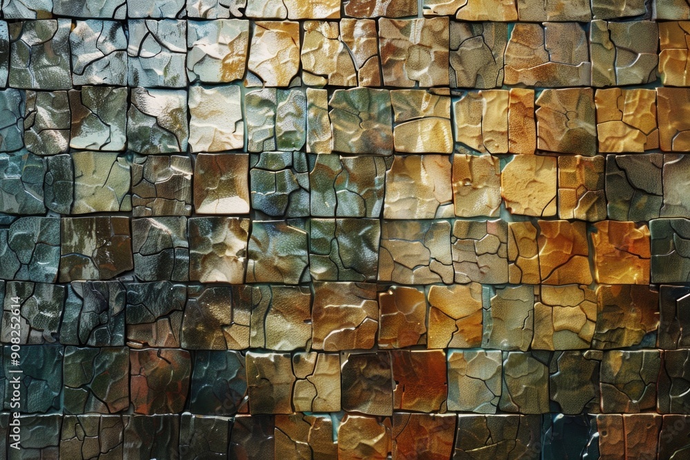 Poster close-up of a tile wall with textured surface and varied colors