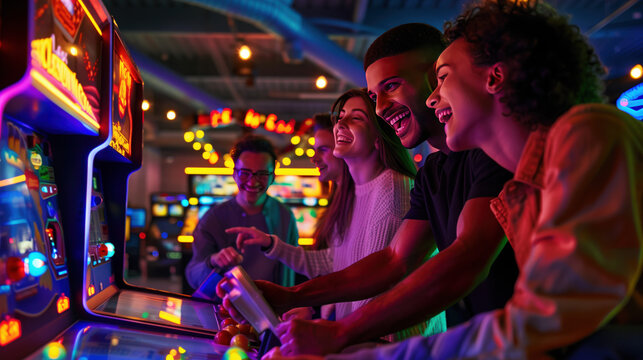 A group of friends enjoying arcade games in retro-themed arcade, smiling and having fun, with neon lights and arcade machines in the background. casino arcade game concept