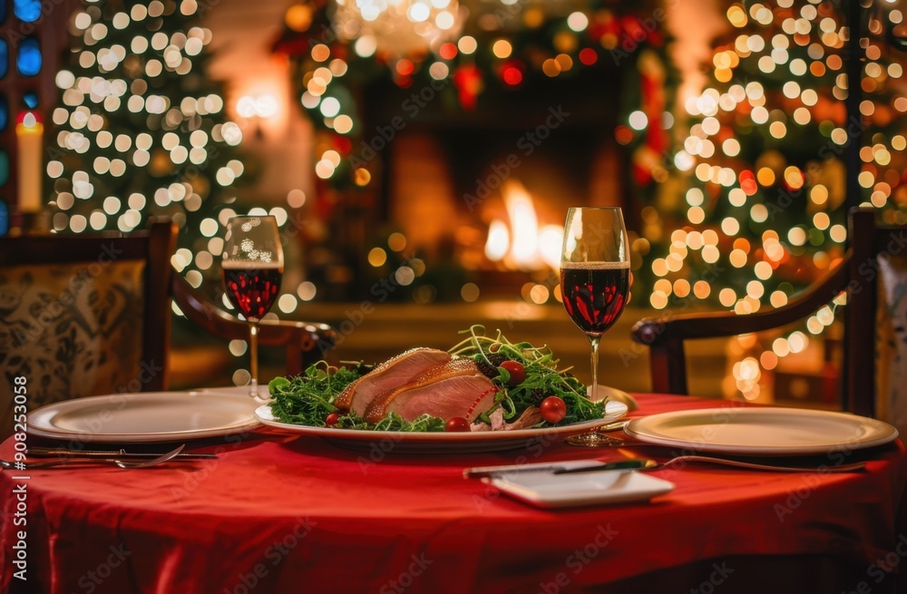 Poster a beautifully set table with an elegant christmas dinner, including the main dish of medium-rare duc