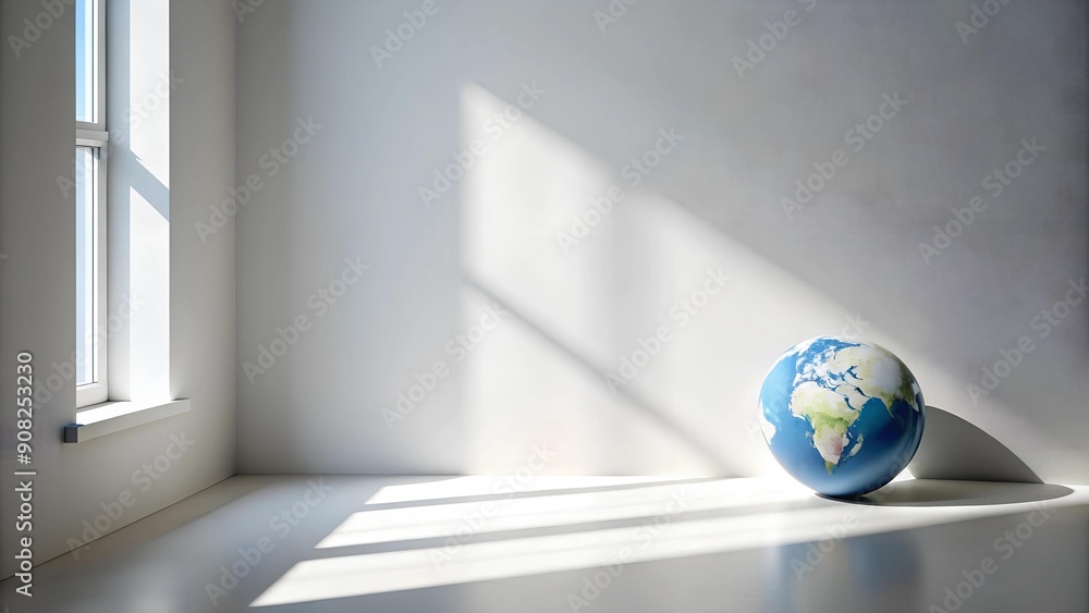 Aufkleber minimalist white wall with a subtle shadow of a window and a single globe generative ai