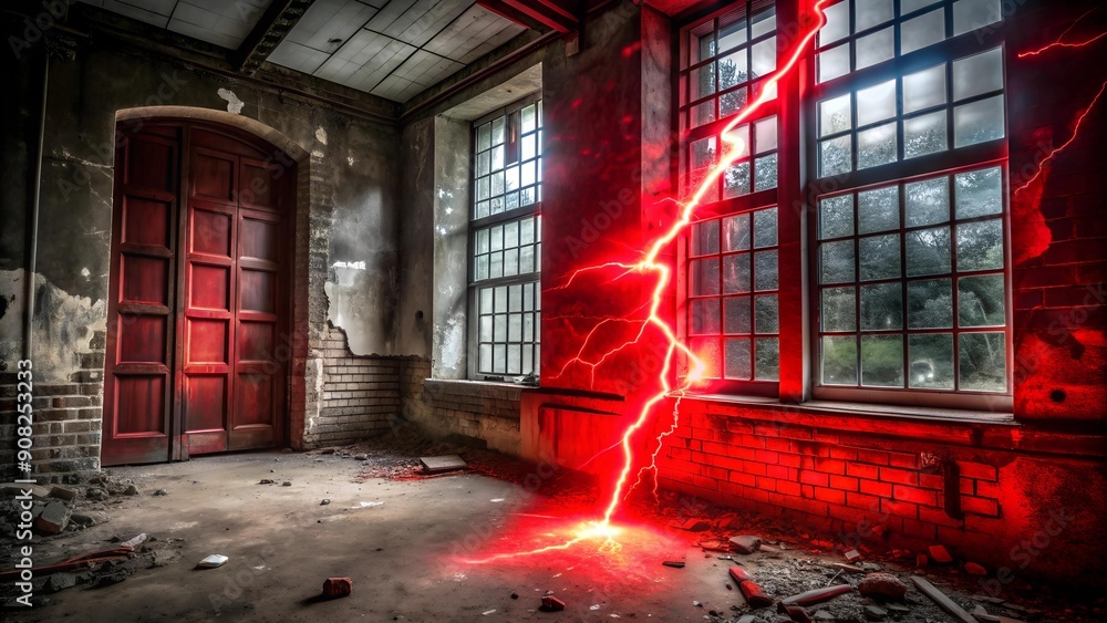 Poster red lightning arcing through a broken window generative ai