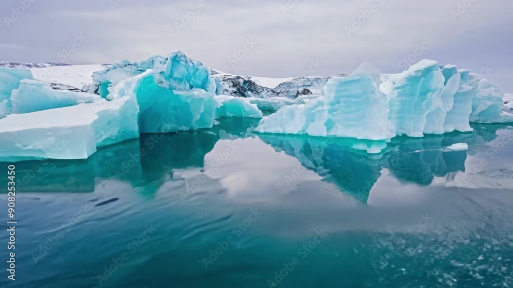 Poster a tranquil scene of floating icebergs their intricate shapes and patterns changing as they drift slo