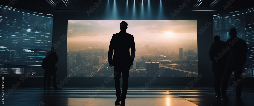 Poster a silhouette of a person standing in front of a giant digital screen with a flow of data showing var